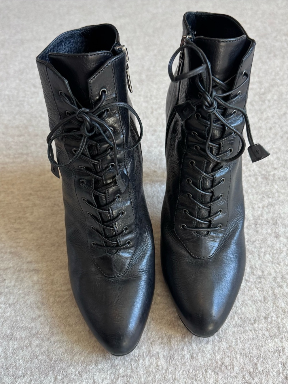 Prada Black Lace-Up Leather High Heel Ankle Boots - Picture 5 of 7